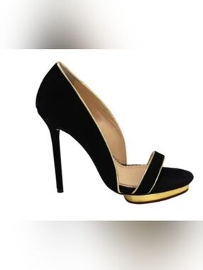 Charlotte Olympia Black Suede Open-Toe Stiletto with Gold Trim